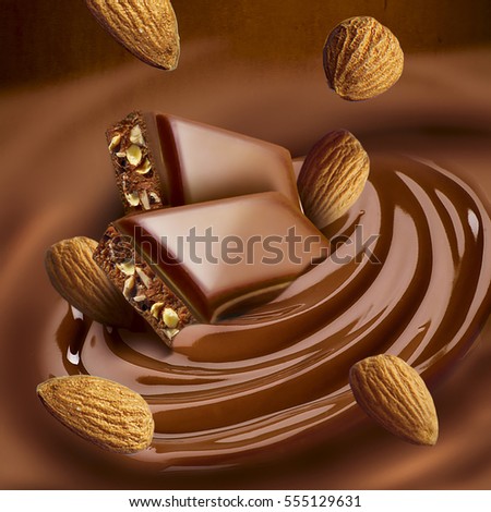 Chocolate melted in cream on background. Ready for package design.Almond taste.Tasty.