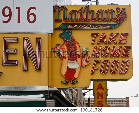 BROOKLYN, NEW YORK - JANUARY 22: The Nathan\'s Take Home Food sign on January 22, 2011 in Brooklyn, New York. The original Nathan\'s Famous Hot Dogs restaurant has resided at the same corner since 1916.