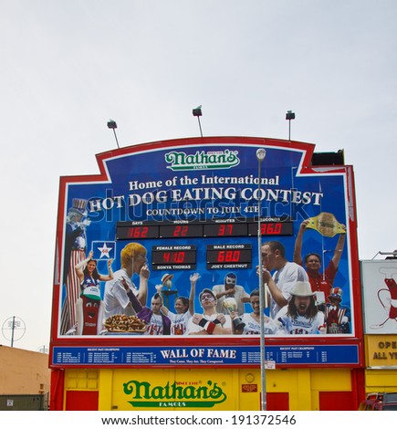 BROOKLYN, NEW YORK - JANUARY 22: The Nathan\'s hot dog eating contest billboard on January 22, 2011 at Coney Island, New York. The billboard counts down to the annual hot dog eating contest.