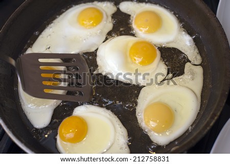 Frying a batch of eggs for breakfast in a non-stick frying pan using a spatula, close up high angle view