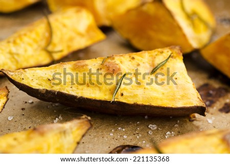 Portion of fresh baked sweet potato wedges