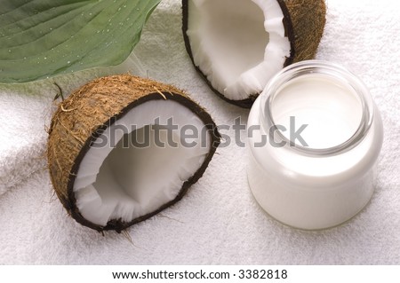 coco bath items. coconut, milk, towel. white spa