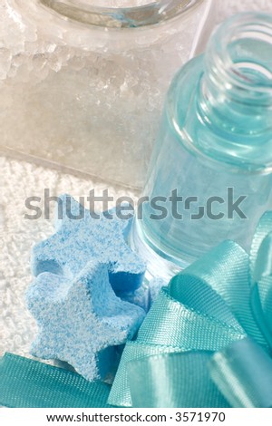 bath items. towel, soap. blue spa