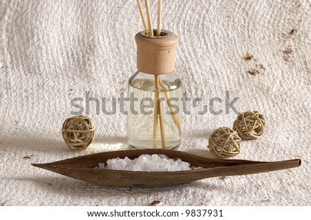 aroma therapy objects. bottle of esential oil, bath - salt