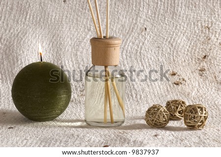 aroma therapy objects. bottle of esential oil, candle