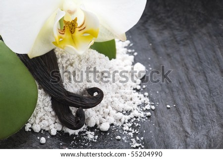 vanilla beans with aromatic sugar and flower