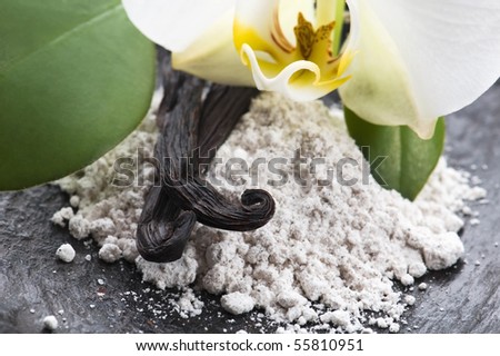 vanilla beans with aromatic sugar and flower