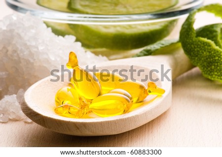 lemon bath - bath salt, capsule and fresh fruits