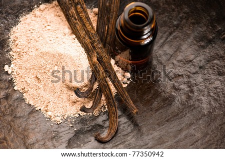 Vanilla With Bottle Of Essential Oil And Powder- Beauty Treatment