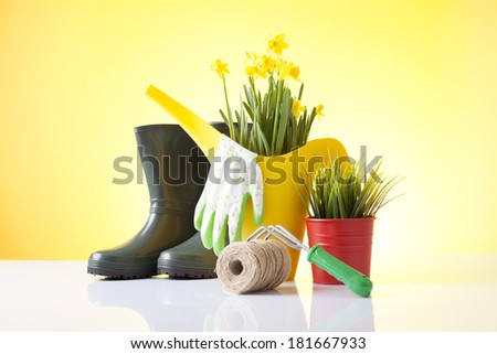 garden tools isolated on yellow