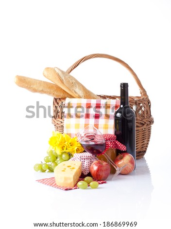 Dinner in picnic basket,on white background.