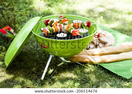 Healthy halloumi kebabs grilling over a fire in a portable barbecue with tomatoes and fresh corn on the cob on a summer picnic in the garden