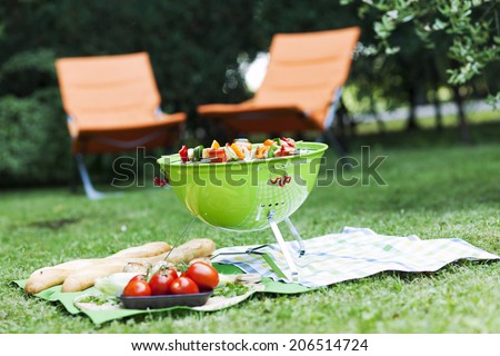 portable barbecue standing on a green lawn  during a picnic or summer camping trip