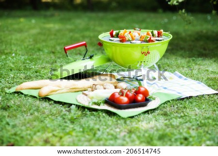 portable barbecue standing on a green lawn with copyspace during a picnic or summer camping trip