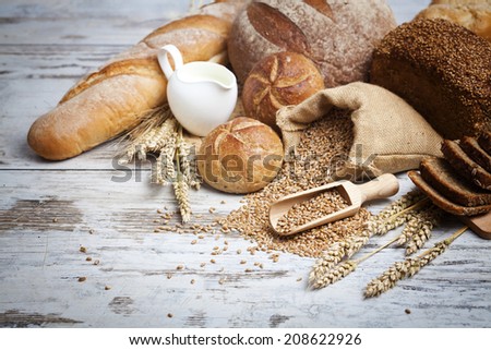 Bakery Bread.Various Bread and Sheaf of Wheat Ears Still-life.