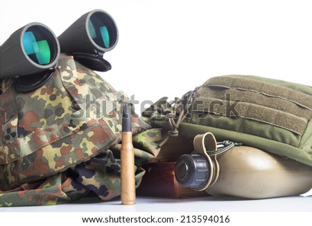 military equipment with helmet, and binoculars