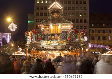 WROCLAW, POLAND - DECEMBER 12: Christmas market in Wroclaw at evening, on 12 December 2015.Wroc?aw is European city of culture in 2016.