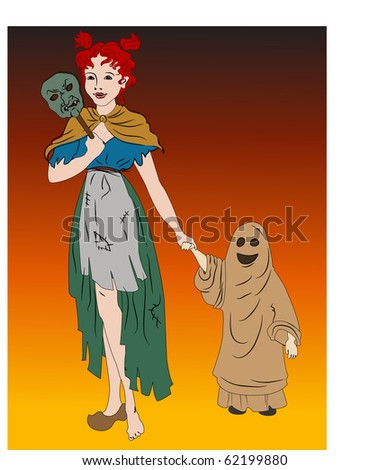 girl in a mask and child in a masquerade suit go to the holiday Halloween