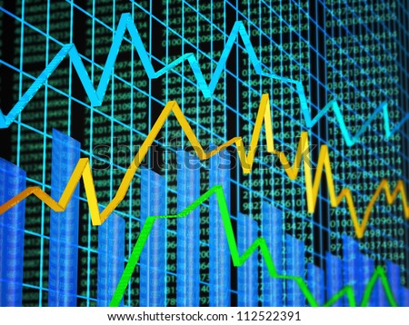 Abstract of financial data featuring line graph, bar graph and random numbers