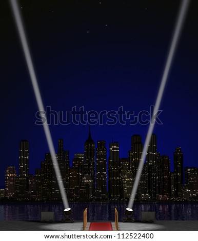 Background image for an entertainment event poster featuring searchlights against a skyline and night sky