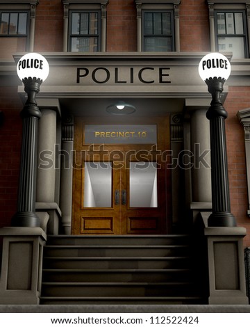 Facade of a police station rendered in a retro/traditional style