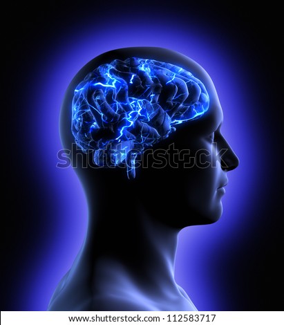Conceptual image of a man from side profile showing brain and brain activity.