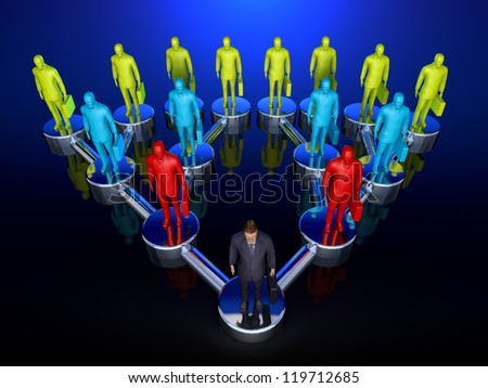 Graphic depiction of a downline or chain of command in a sales structure showing one man at the top, branching out exponentionally