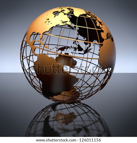 A metal globe on a reflective studio background. Includes clipping path.