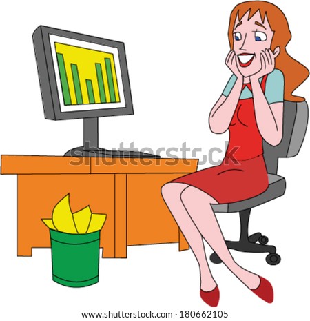 Pretty woman looking happy with sales numbers up on computer screen