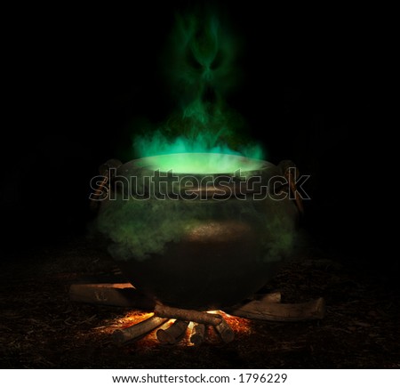 bubbling iron cauldron with green smoke and evil spirit rising