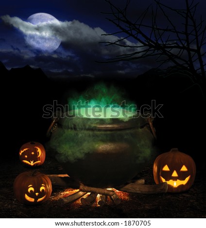 Halloween night with bubbling iron cauldron, orange pumpkin jack-o-lanterns and a full moon
