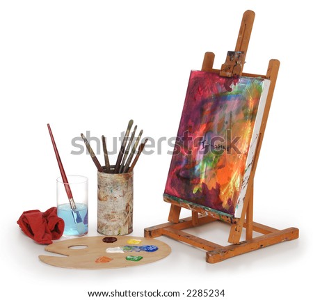 Easel With Canvas. brushes and easel isolated