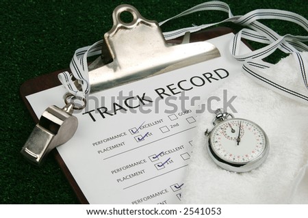 track record on clip board with stop watch, whistle and towel