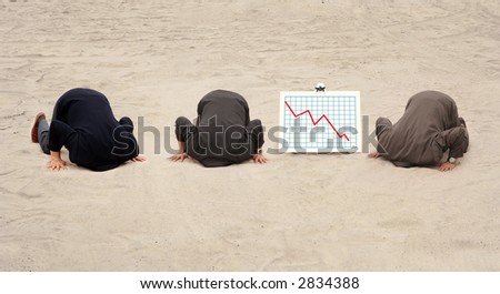 Three businessmen with their heads in the sand, kneeling next to a graph showing lost revenue