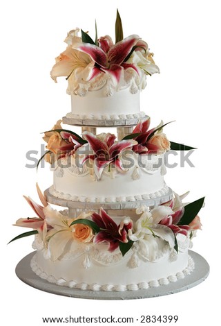 Three layer wedding cake decorated with clowers