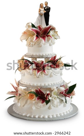 stock photo Traditional three layer wedding cake decorated with flowers 