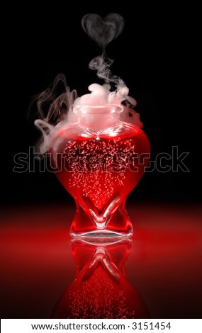Open heart-shaped bottle of red, bubbling, smoking, love potion on a black background