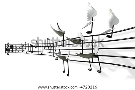 A musical score with the notes peeling off the bars and flying away freely
