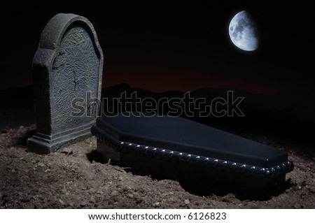 Grave site at night time with casket, headstone and moon in the sky