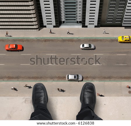Shoes of a businessman hanging over a ledge of a tall building with cars and people down below