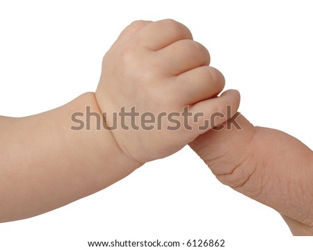 stock photo Hand of new born baby holding father's finger on white 