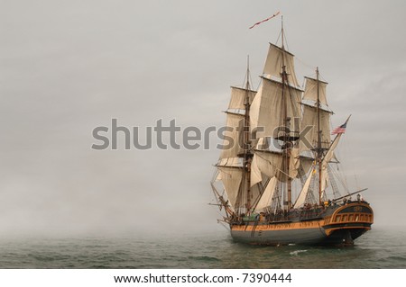 Vintage Frigate sailing into a fog bank Vintage Frigate sailing into a fog bank