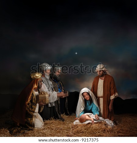 Christmas Backgrounds Wallpaper on Christmas Nativity Scene With Three Wise Men Presenting Gifts To Baby