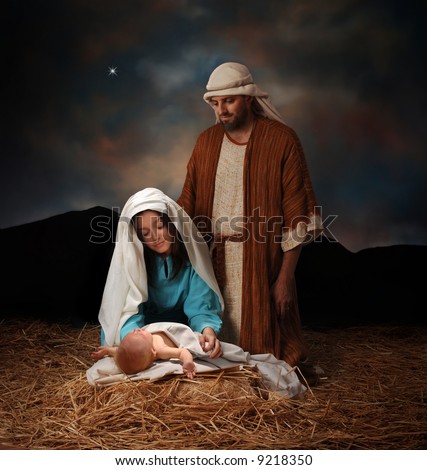 Baby Jesus on Nativity Scene With Mary  Joseph And Baby Jesus Looking Into Hills In