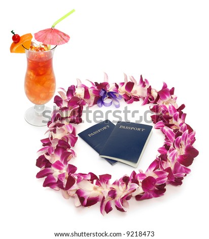 Polynesian/Hawaiian lei shot on white with two passports and a tropical drink