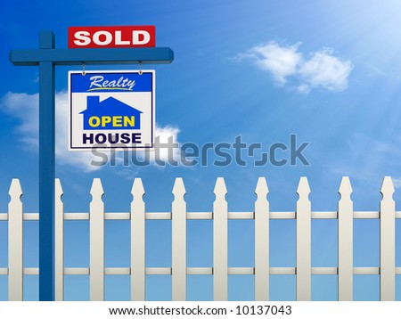 A realestate sign showing the house as sold on a Blue Sky and white picket fence background