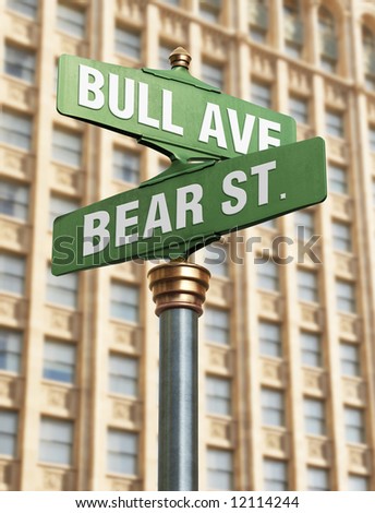 An old-Fashioned street sign for an intersection with street names that resemble the state of the coming market.