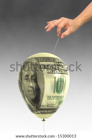 balloon printed with a hundred dollar bill about to be popped by a hand holding a hat pin