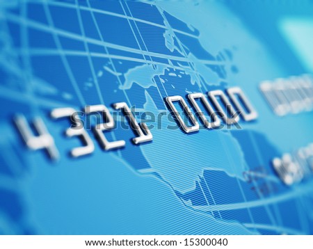 A close up of a bogus credit card Depth of field showing the numbers. Globe and credit card designed and rendered in studio.