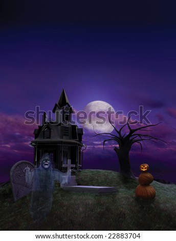 Halloween scenic designed as a background for a Halloween event flier, featuring a haunted house, ghost and pumpkin man against a full moon sky.